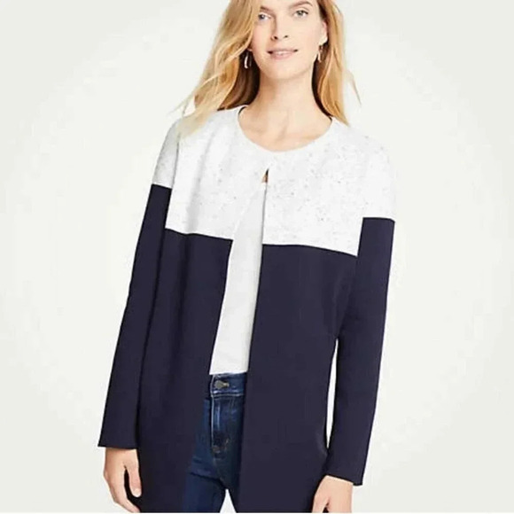 Ann Taylor Coatigan Colorblock Navy White Speckled Thick Knit Cardigan Small - Picture 1 of 16